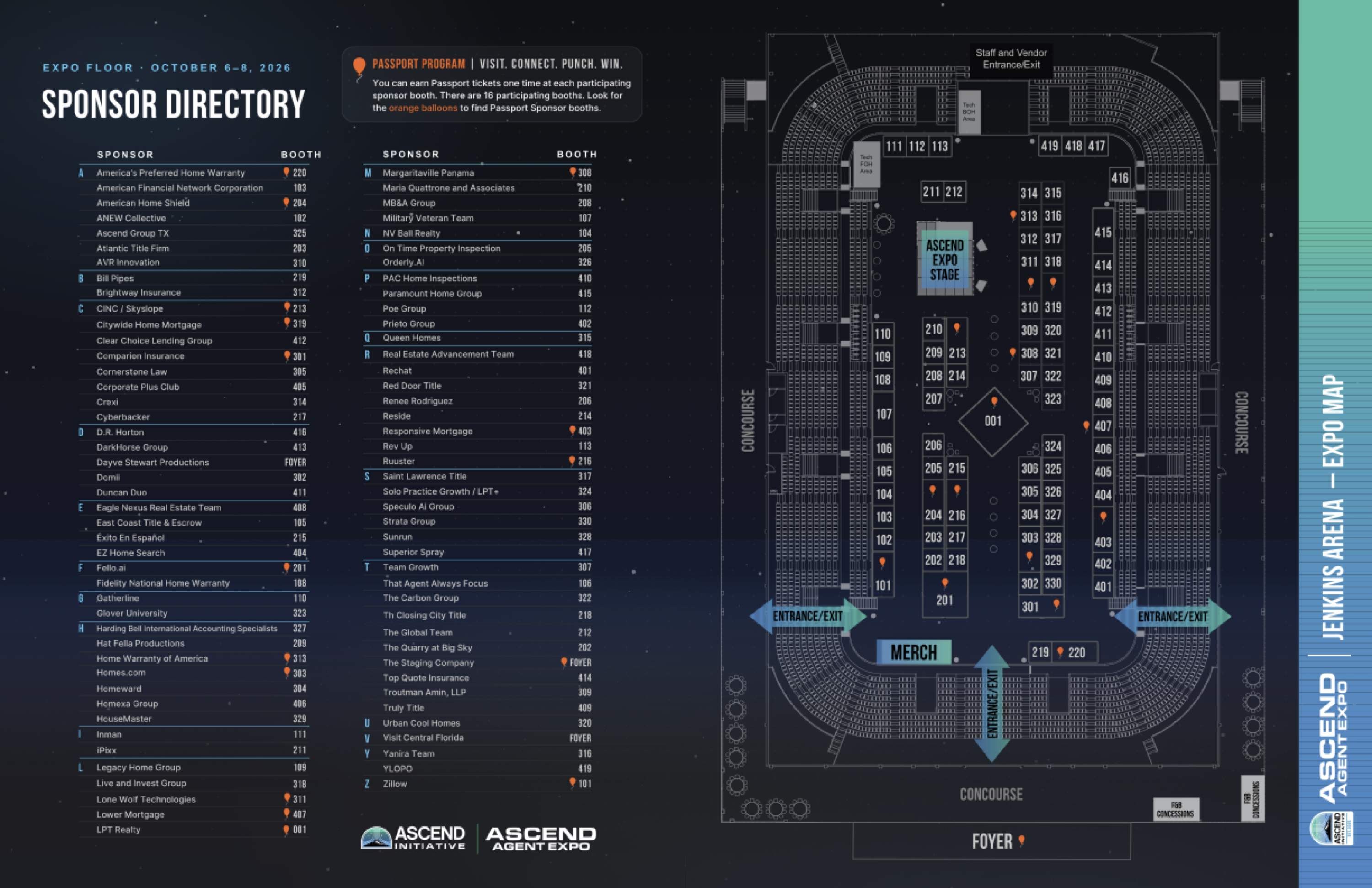 ASCEND Agent Expo floor map: sponsor directory with booth numbers alongside the Jenkins Arena booth layout, entrances, merch, and foyer